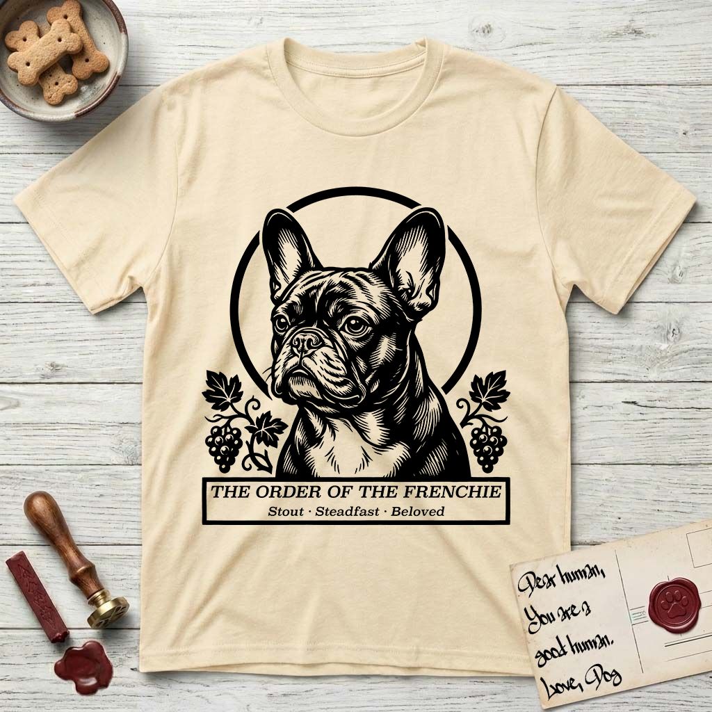 Holy Orders French Bulldog T-Shirt flat lay in Natural, featuring a bold black-and-white linocut saint-medallion portrait of a French Bulldog.