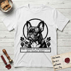 Holy Orders French Bulldog T-Shirt flat lay in White, featuring a bold black-and-white linocut saint-medallion portrait of a French Bulldog.