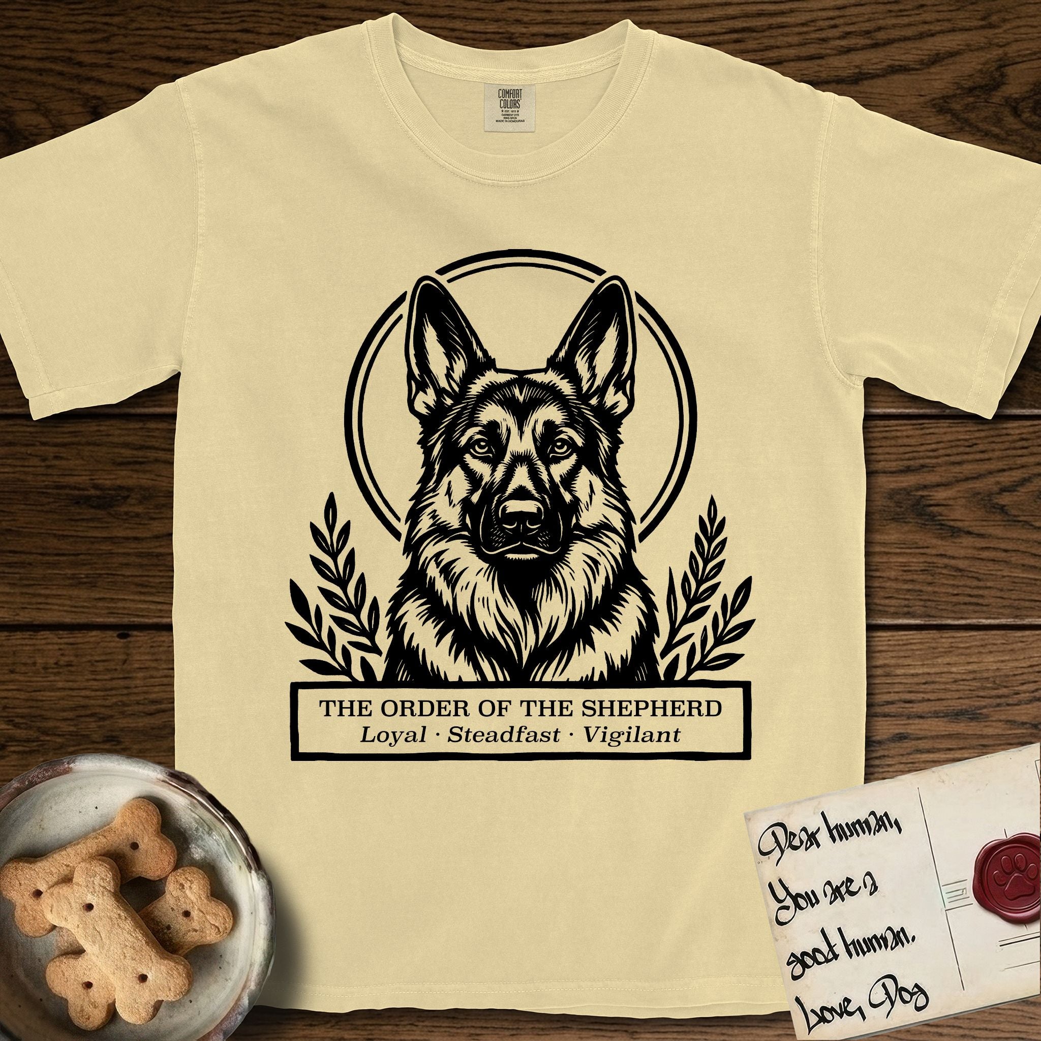 Holy Orders German Shepherd T-Shirt flat lay in Butter, featuring a bold black-and-white linocut saint-medallion portrait of a German Shepherd.