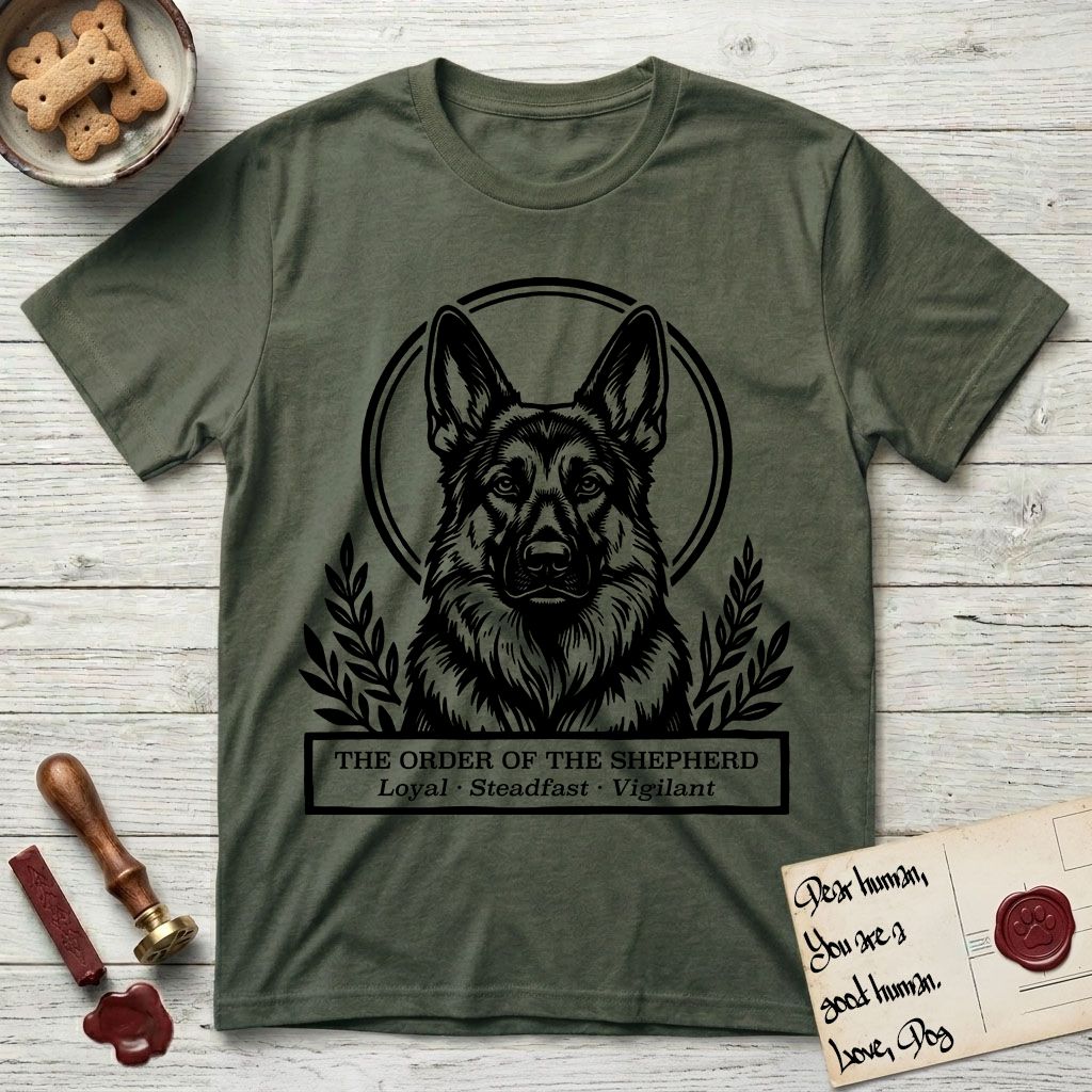 Holy Orders German Shepherd T-Shirt flat lay in Heather Military Green, featuring a bold black-and-white linocut saint-medallion portrait of a German Shepherd.