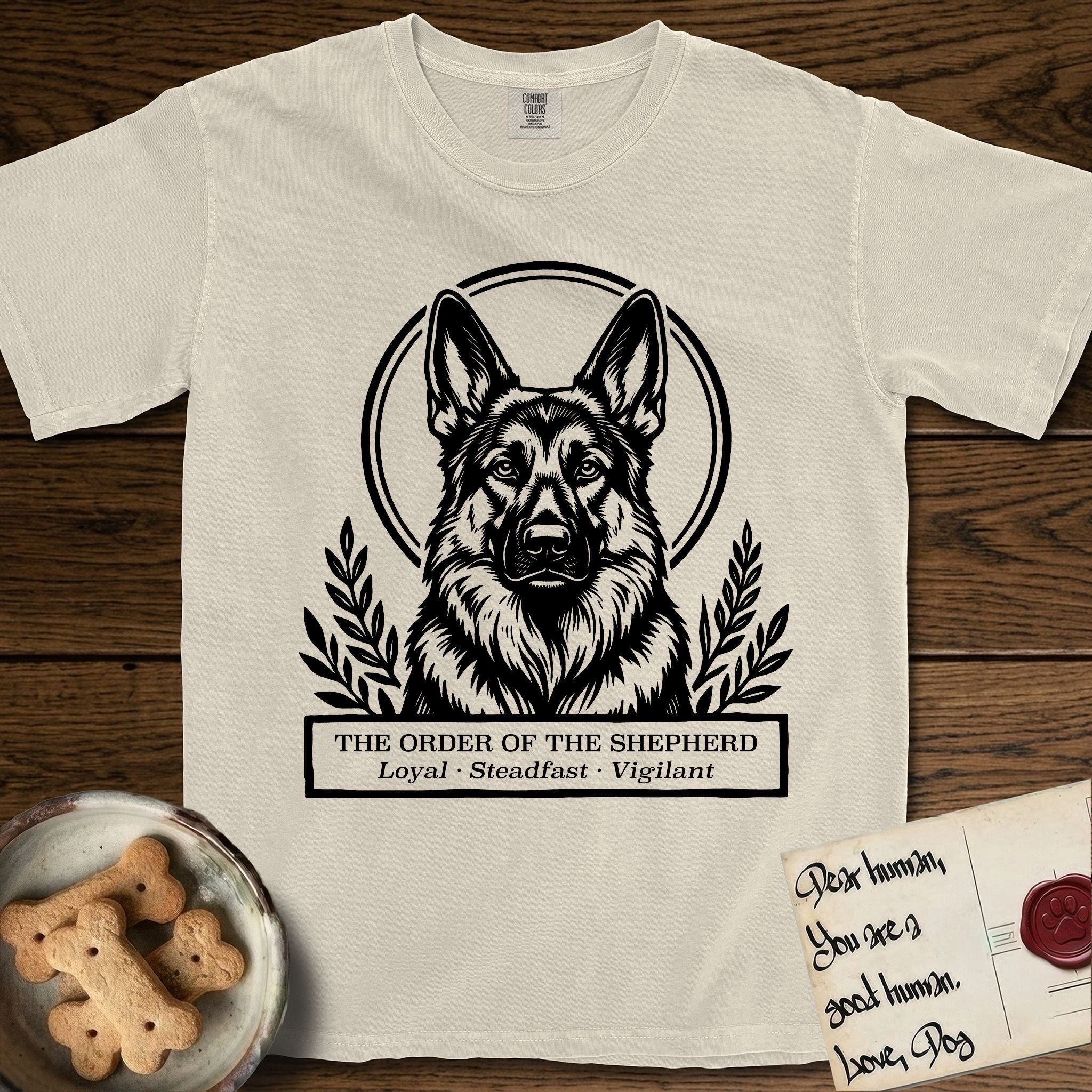 Holy Orders German Shepherd T-Shirt flat lay in Ivory, featuring a bold black-and-white linocut saint-medallion portrait of a German Shepherd.