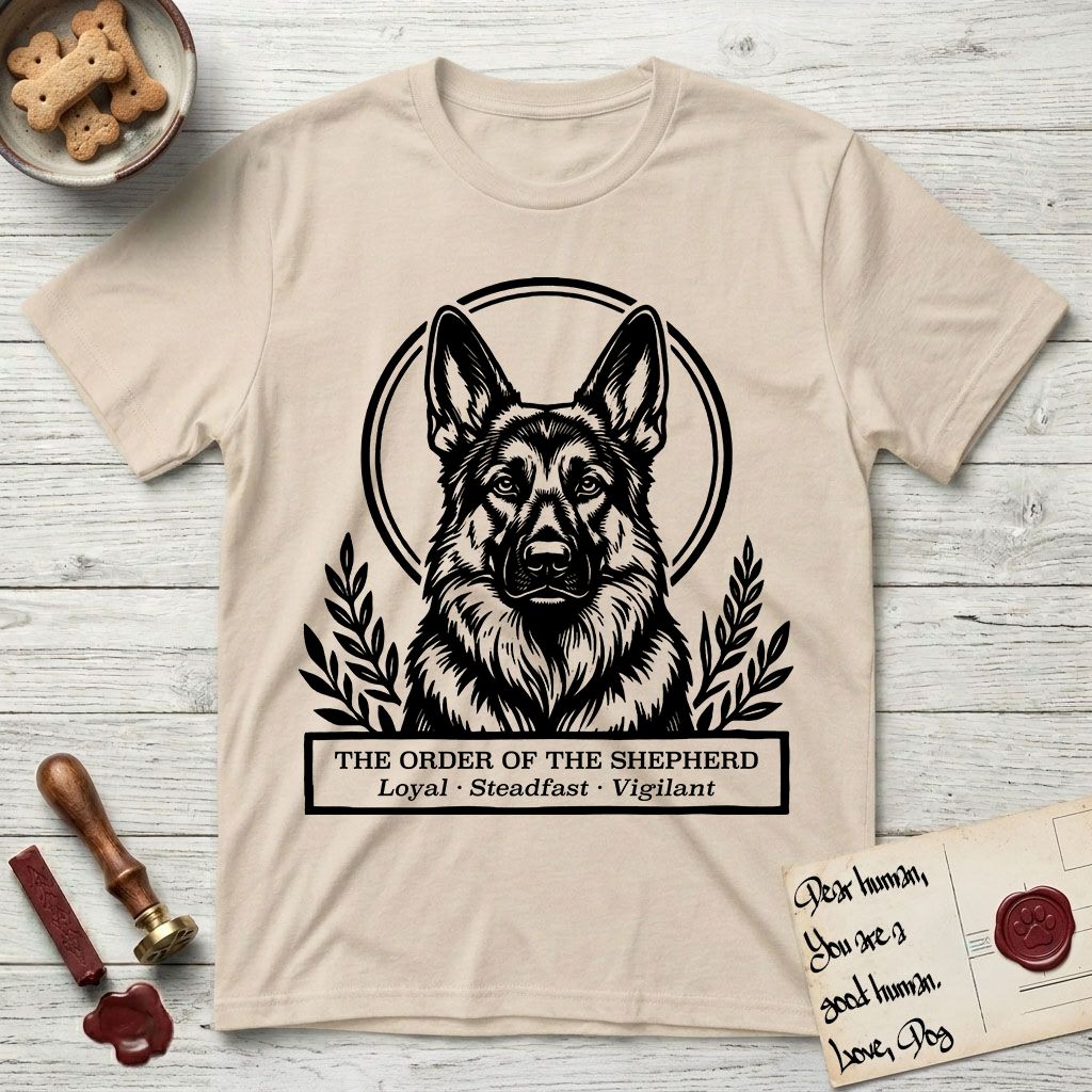 Holy Orders German Shepherd T-Shirt flat lay in Sand, featuring a bold black-and-white linocut saint-medallion portrait of a German Shepherd.