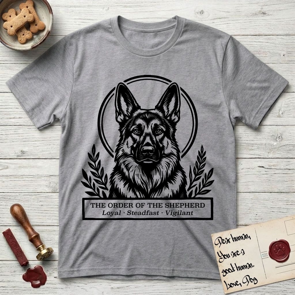 Holy Orders German Shepherd T-Shirt flat lay in Sport Grey, featuring a bold black-and-white linocut saint-medallion portrait of a German Shepherd.