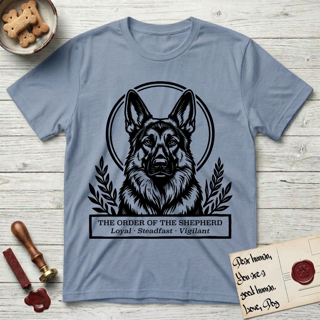Holy Orders German Shepherd T-Shirt flat lay in Stone Blue, featuring a bold black-and-white linocut saint-medallion portrait of a German Shepherd.