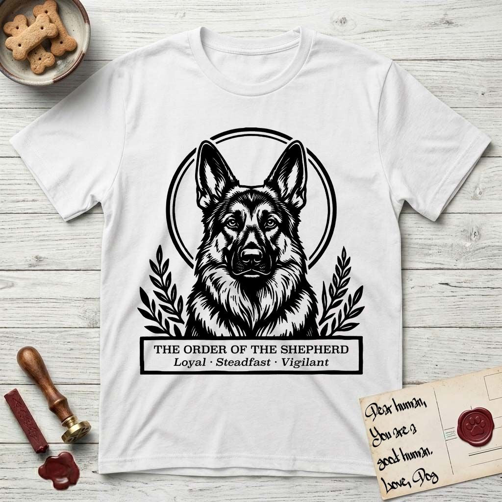 Holy Orders German Shepherd T-Shirt flat lay in White, featuring a bold black-and-white linocut saint-medallion portrait of a German Shepherd.