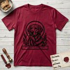 Holy Orders Golden Retriever T-Shirt flat lay in Antique Cherry Red, featuring a bold black-and-white linocut saint-medallion portrait of a Golden Retriever.