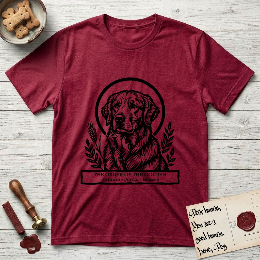 Holy Orders Golden Retriever T-Shirt flat lay in Antique Cherry Red, featuring a bold black-and-white linocut saint-medallion portrait of a Golden Retriever.