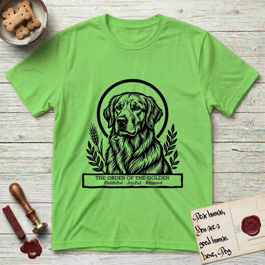 Holy Orders Golden Retriever T-Shirt flat lay in Lime, featuring a bold black-and-white linocut saint-medallion portrait of a Golden Retriever.