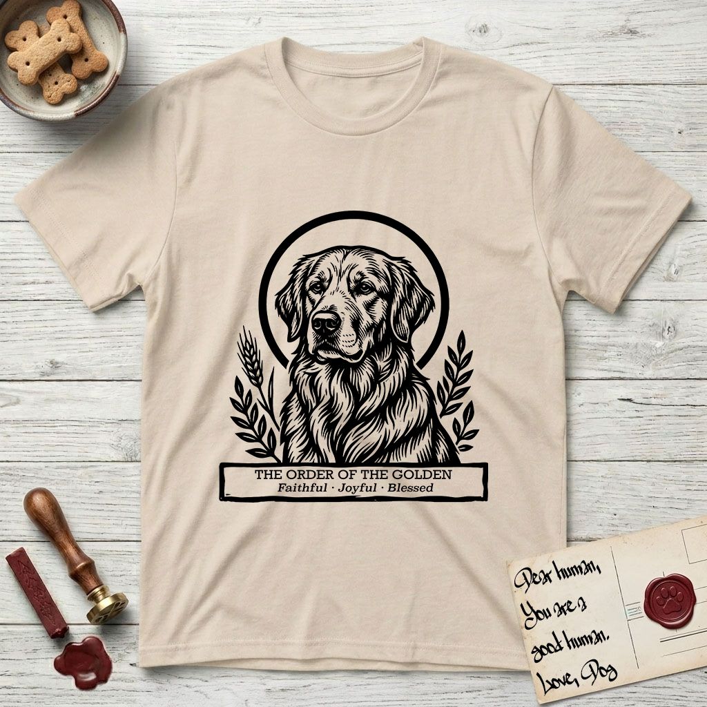 Holy Orders Golden Retriever T-Shirt flat lay in Sand, featuring a bold black-and-white linocut saint-medallion portrait of a Golden Retriever.