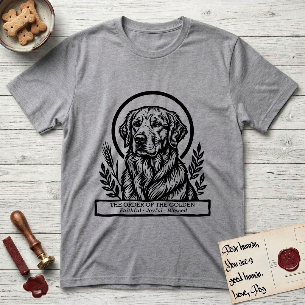 Holy Orders Golden Retriever T-Shirt flat lay in Sport Grey, featuring a bold black-and-white linocut saint-medallion portrait of a Golden Retriever.