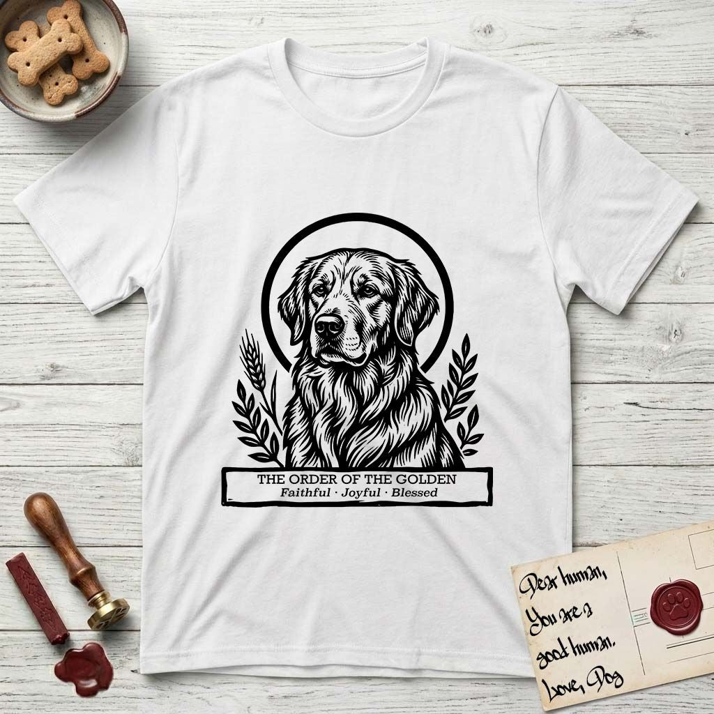 Holy Orders Golden Retriever T-Shirt flat lay in White, featuring a bold black-and-white linocut saint-medallion portrait of a Golden Retriever.