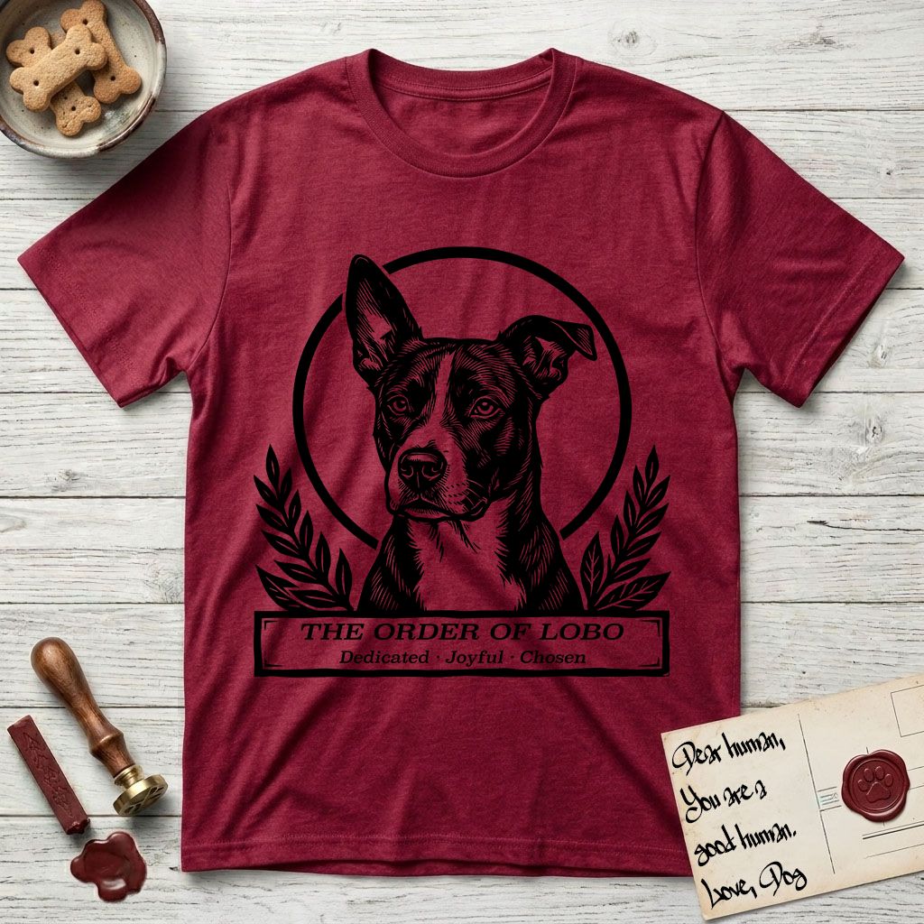 Holy Orders Lobo T-Shirt flat lay in Antique Cherry Red, featuring a bold black-and-white linocut saint-medallion portrait of Lobo, an Australian Cattle Dog and Pitbull mix with a white facial blaze.