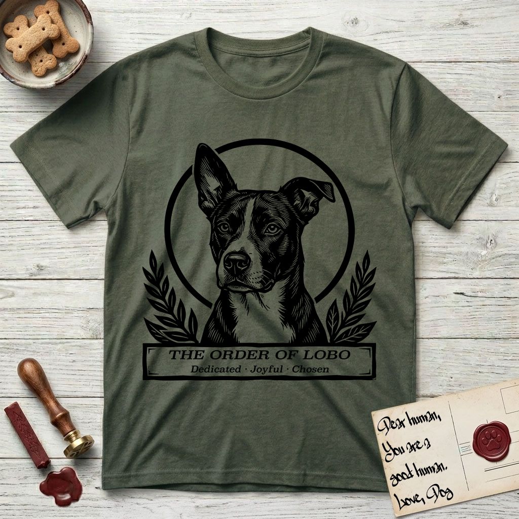 Holy Orders Lobo T-Shirt flat lay in Heather Military Green, featuring a bold black-and-white linocut saint-medallion portrait of Lobo, an Australian Cattle Dog and Pitbull mix with a white facial blaze.