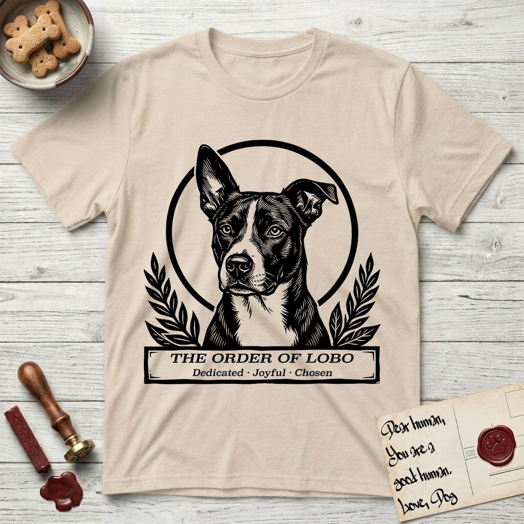 Holy Orders Lobo T-Shirt flat lay in Sand, featuring a bold black-and-white linocut saint-medallion portrait of Lobo, an Australian Cattle Dog and Pitbull mix with a white facial blaze.