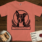 Holy Orders Lobo T-Shirt flat lay in Terracotta, featuring a bold black-and-white linocut saint-medallion portrait of Lobo, an Australian Cattle Dog and Pitbull mix with a white facial blaze.