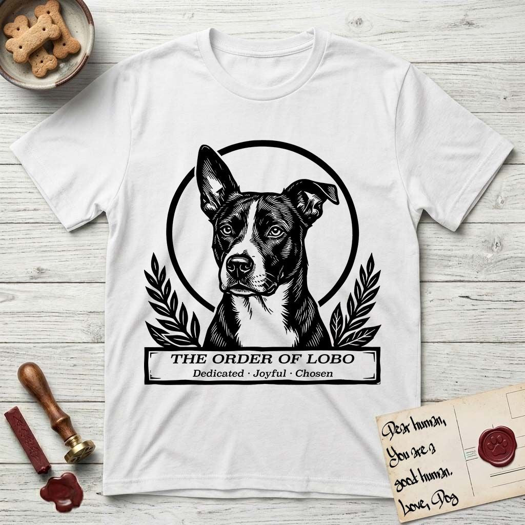 Holy Orders Lobo T-Shirt flat lay in White, featuring a bold black-and-white linocut saint-medallion portrait of Lobo, an Australian Cattle Dog and Pitbull mix with a white facial blaze.