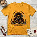 Holy Orders Newfoundland T-Shirt flat lay in Gold, featuring a bold black-and-white linocut saint-medallion portrait of a Newfoundland.