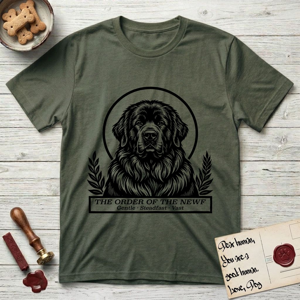 Holy Orders Newfoundland T-Shirt flat lay in Heather Military Green, featuring a bold black-and-white linocut saint-medallion portrait of a Newfoundland.