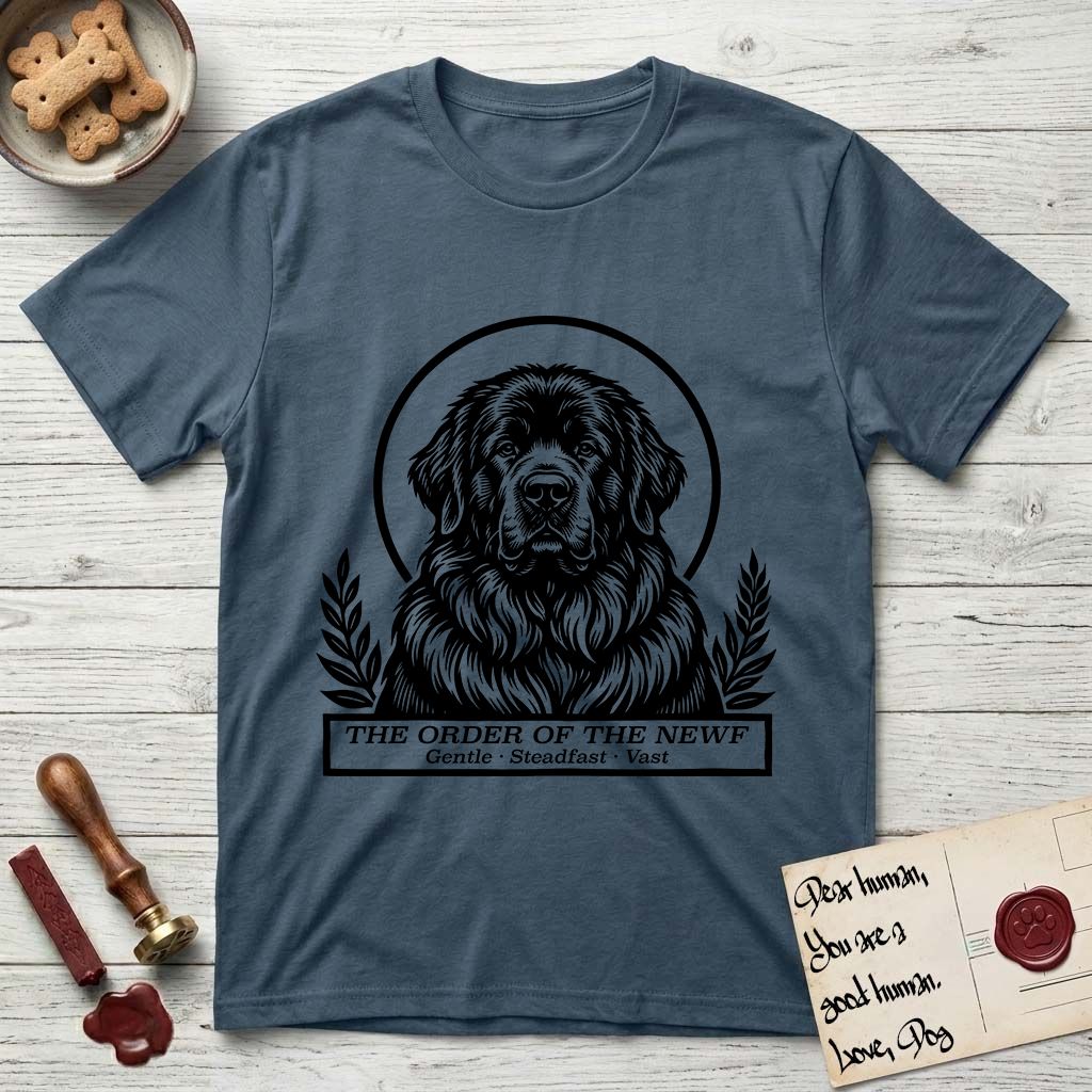 Holy Orders Newfoundland T-Shirt flat lay in Indigo Blue, featuring a bold black-and-white linocut saint-medallion portrait of a Newfoundland.