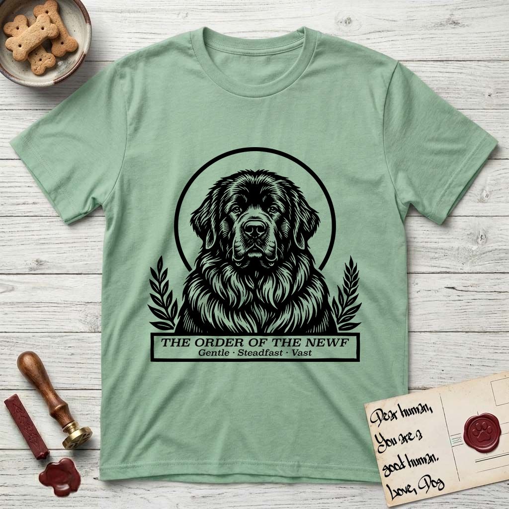 Holy Orders Newfoundland T-Shirt flat lay in Mint Green, featuring a bold black-and-white linocut saint-medallion portrait of a Newfoundland.