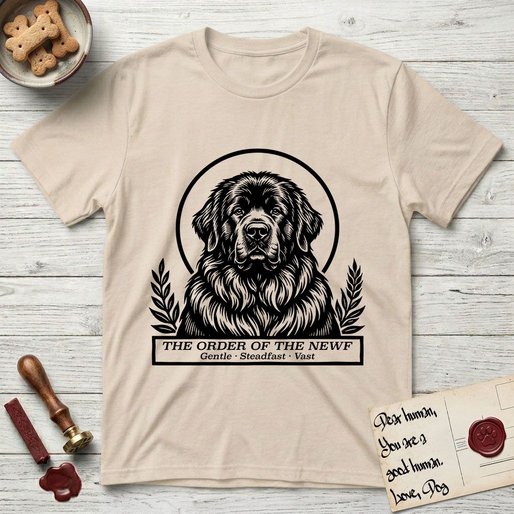 Holy Orders Newfoundland T-Shirt flat lay in Sand, featuring a bold black-and-white linocut saint-medallion portrait of a Newfoundland.