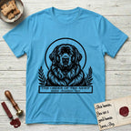 Holy Orders Newfoundland T-Shirt flat lay in Sky, featuring a bold black-and-white linocut saint-medallion portrait of a Newfoundland.