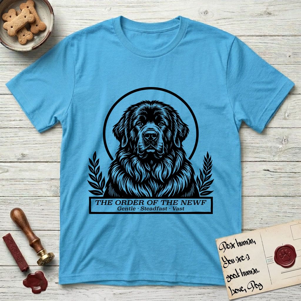 Holy Orders Newfoundland T-Shirt flat lay in Sky, featuring a bold black-and-white linocut saint-medallion portrait of a Newfoundland.