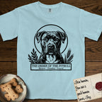 Holy Orders Pitbull T-Shirt flat lay in Chambray, featuring a bold black-and-white linocut saint-medallion portrait of a Pitbull.