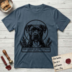 Holy Orders Pitbull T-Shirt flat lay in Indigo Blue, featuring a bold black-and-white linocut saint-medallion portrait of a Pitbull.