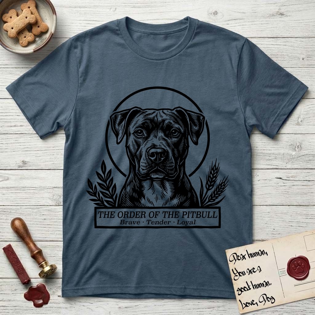 Holy Orders Pitbull T-Shirt flat lay in Indigo Blue, featuring a bold black-and-white linocut saint-medallion portrait of a Pitbull.