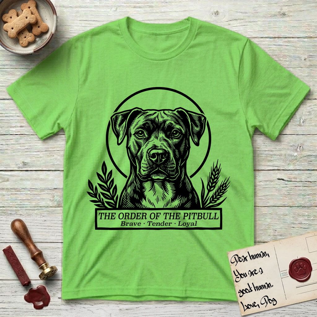 Holy Orders Pitbull T-Shirt flat lay in Lime, featuring a bold black-and-white linocut saint-medallion portrait of a Pitbull.