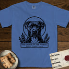 Holy Orders Pitbull T-Shirt flat lay in Mystic Blue, featuring a bold black-and-white linocut saint-medallion portrait of a Pitbull.
