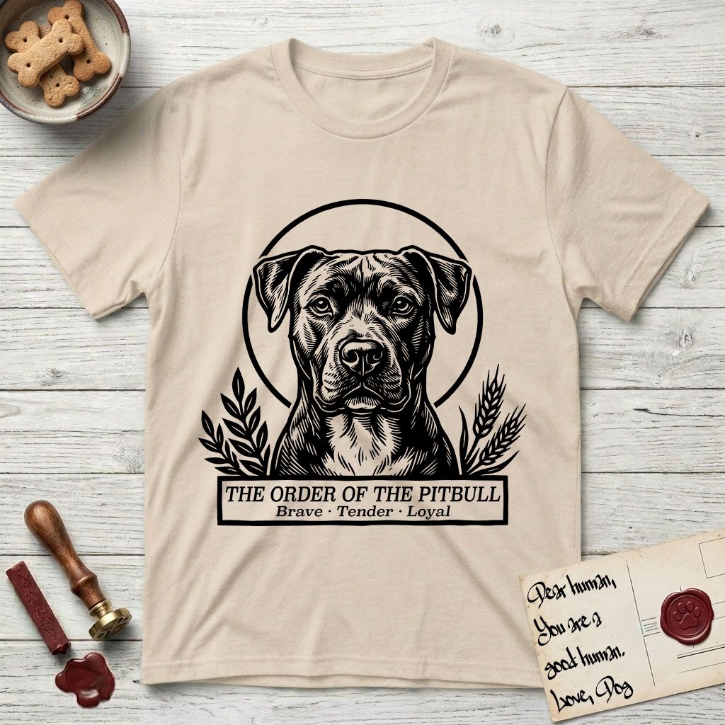 Holy Orders Pitbull T-Shirt flat lay in Sand, featuring a bold black-and-white linocut saint-medallion portrait of a Pitbull.