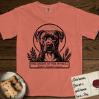 Holy Orders Pitbull T-Shirt flat lay in Terracotta, featuring a bold black-and-white linocut saint-medallion portrait of a Pitbull.