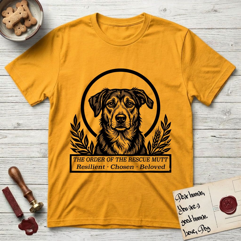 Holy Orders Rescue Mutt T-Shirt flat lay in Gold, featuring a bold black-and-white linocut saint-medallion portrait of a rescue mutt.