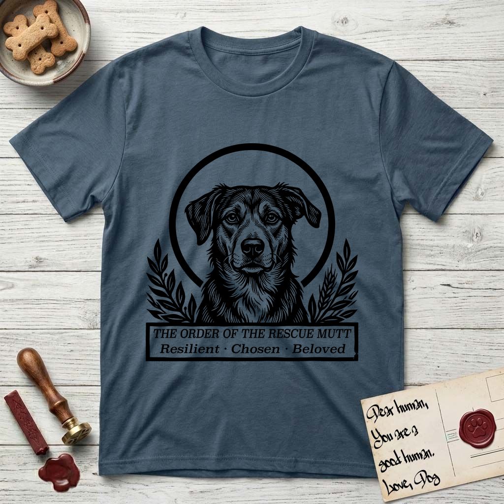 Holy Orders Rescue Mutt T-Shirt flat lay in Indigo Blue, featuring a bold black-and-white linocut saint-medallion portrait of a rescue mutt.