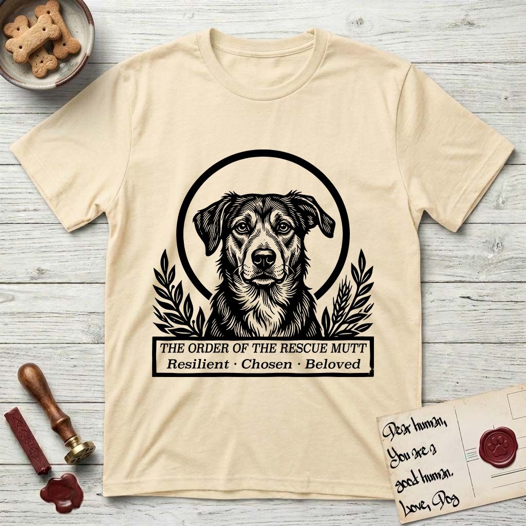 Holy Orders Rescue Mutt T-Shirt flat lay in Natural, featuring a bold black-and-white linocut saint-medallion portrait of a rescue mutt.