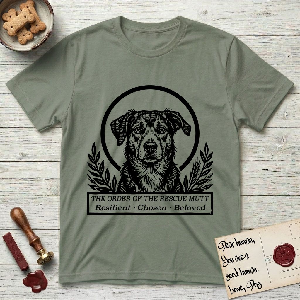 Holy Orders Rescue Mutt T-Shirt flat lay in Sage, featuring a bold black-and-white linocut saint-medallion portrait of a rescue mutt.