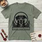 Holy Orders Rescue Mutt T-Shirt flat lay in Sage, featuring a bold black-and-white linocut saint-medallion portrait of a rescue mutt.