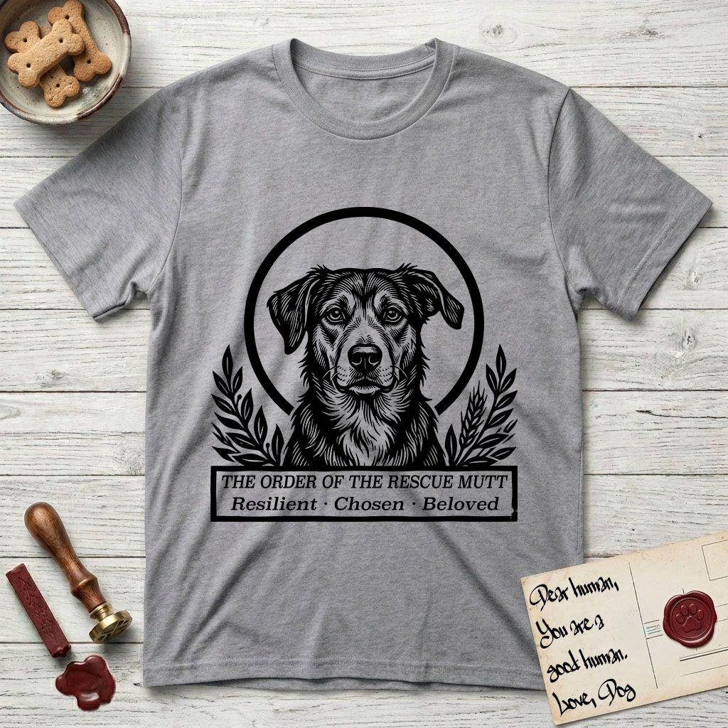 Holy Orders Rescue Mutt T-Shirt flat lay in Sport Grey, featuring a bold black-and-white linocut saint-medallion portrait of a rescue mutt.
