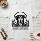 Holy Orders Rescue Mutt T-Shirt flat lay in White, featuring a bold black-and-white linocut saint-medallion portrait of a rescue mutt.