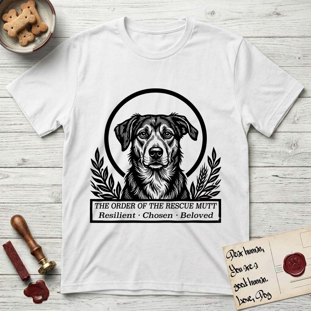 Holy Orders Rescue Mutt T-Shirt flat lay in White, featuring a bold black-and-white linocut saint-medallion portrait of a rescue mutt.