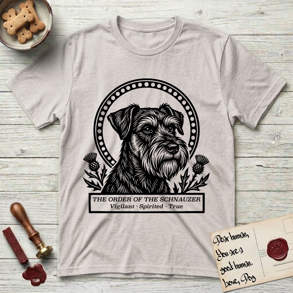 Holy Orders Schnauzer T-Shirt flat lay in Ice Grey, featuring a bold black-and-white linocut saint-medallion portrait of a Schnauzer.