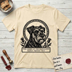 Holy Orders Schnauzer T-Shirt flat lay in Natural, featuring a bold black-and-white linocut saint-medallion portrait of a Schnauzer.