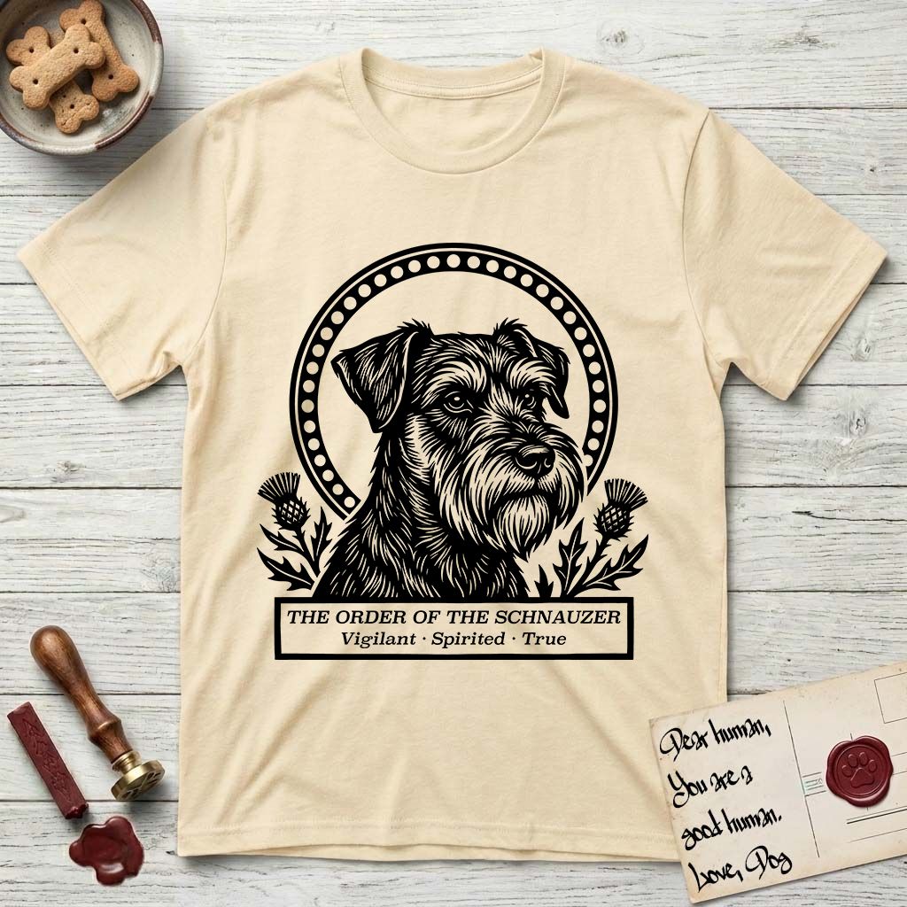 Holy Orders Schnauzer T-Shirt flat lay in Natural, featuring a bold black-and-white linocut saint-medallion portrait of a Schnauzer.