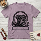 Holy Orders Schnauzer T-Shirt flat lay in Paragon, featuring a bold black-and-white linocut saint-medallion portrait of a Schnauzer.