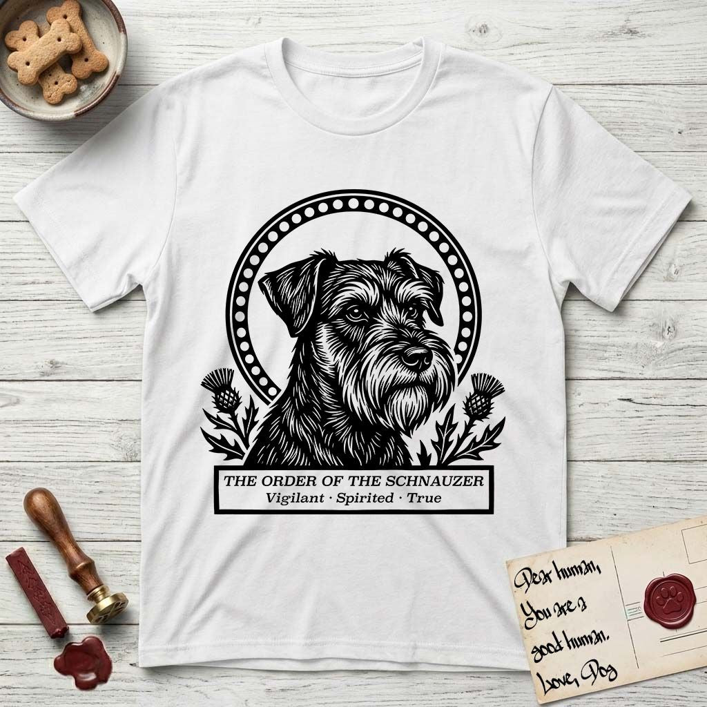 Holy Orders Schnauzer T-Shirt flat lay in White, featuring a bold black-and-white linocut saint-medallion portrait of a Schnauzer.