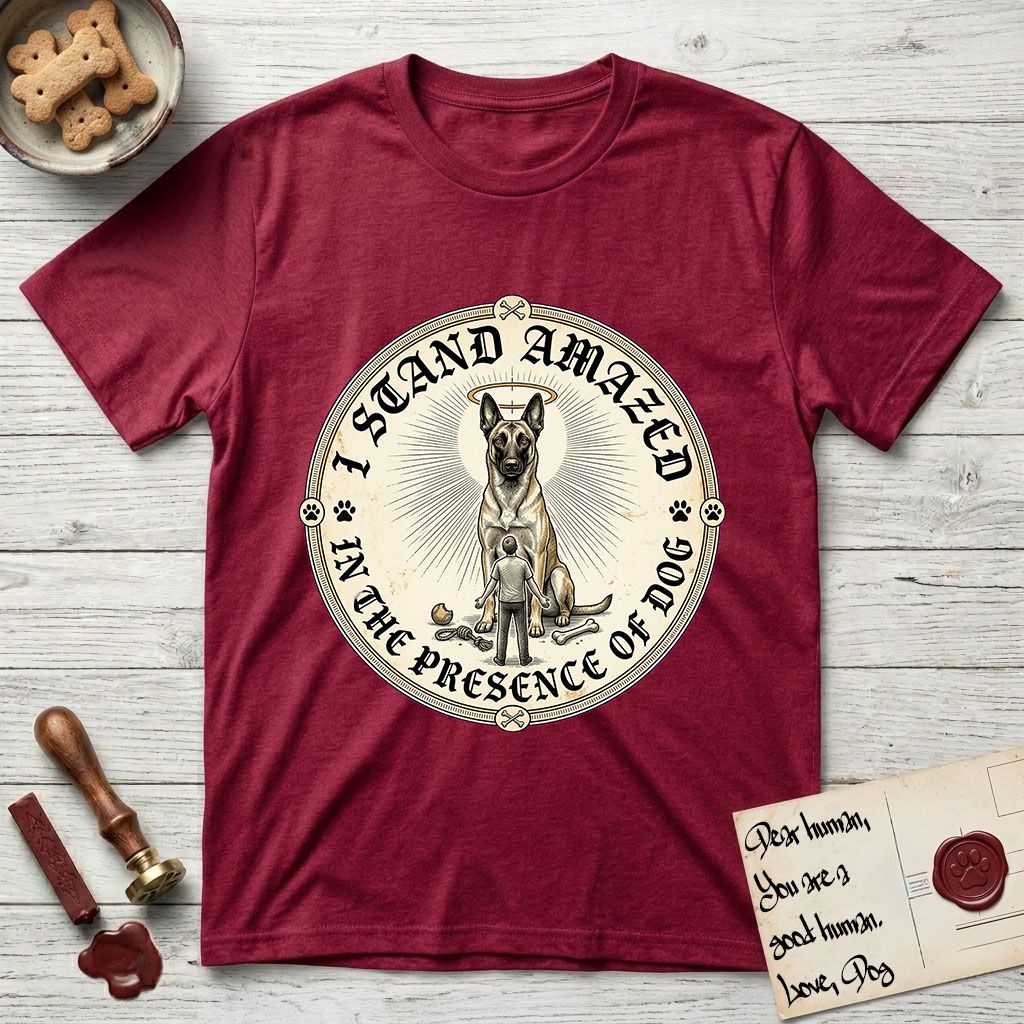 I Stand Amazed in the Presence Belgian Malinois T-Shirt flat lay in Antique Cherry Red, featuring a vintage engraving medallion of a haloed Belgian Malinois with a small devoted human gazing up from below.