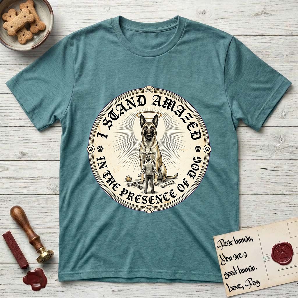 I Stand Amazed in the Presence Belgian Malinois T-Shirt flat lay in Heather Galapagos Blue, featuring a vintage engraving medallion of a haloed Belgian Malinois with a small devoted human gazing up from below.