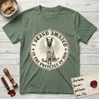 I Stand Amazed in the Presence Belgian Malinois T-Shirt flat lay in Military Green, featuring a vintage engraving medallion of a haloed Belgian Malinois with a small devoted human gazing up from below.
